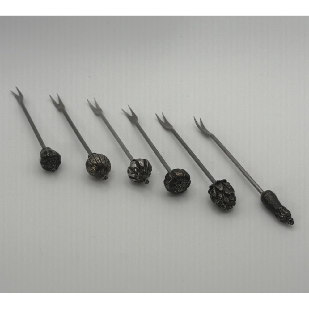 Set Of 6 Metal Cocktail Picks Forks Vegetable Shapes Tapas Charcuterie EUC